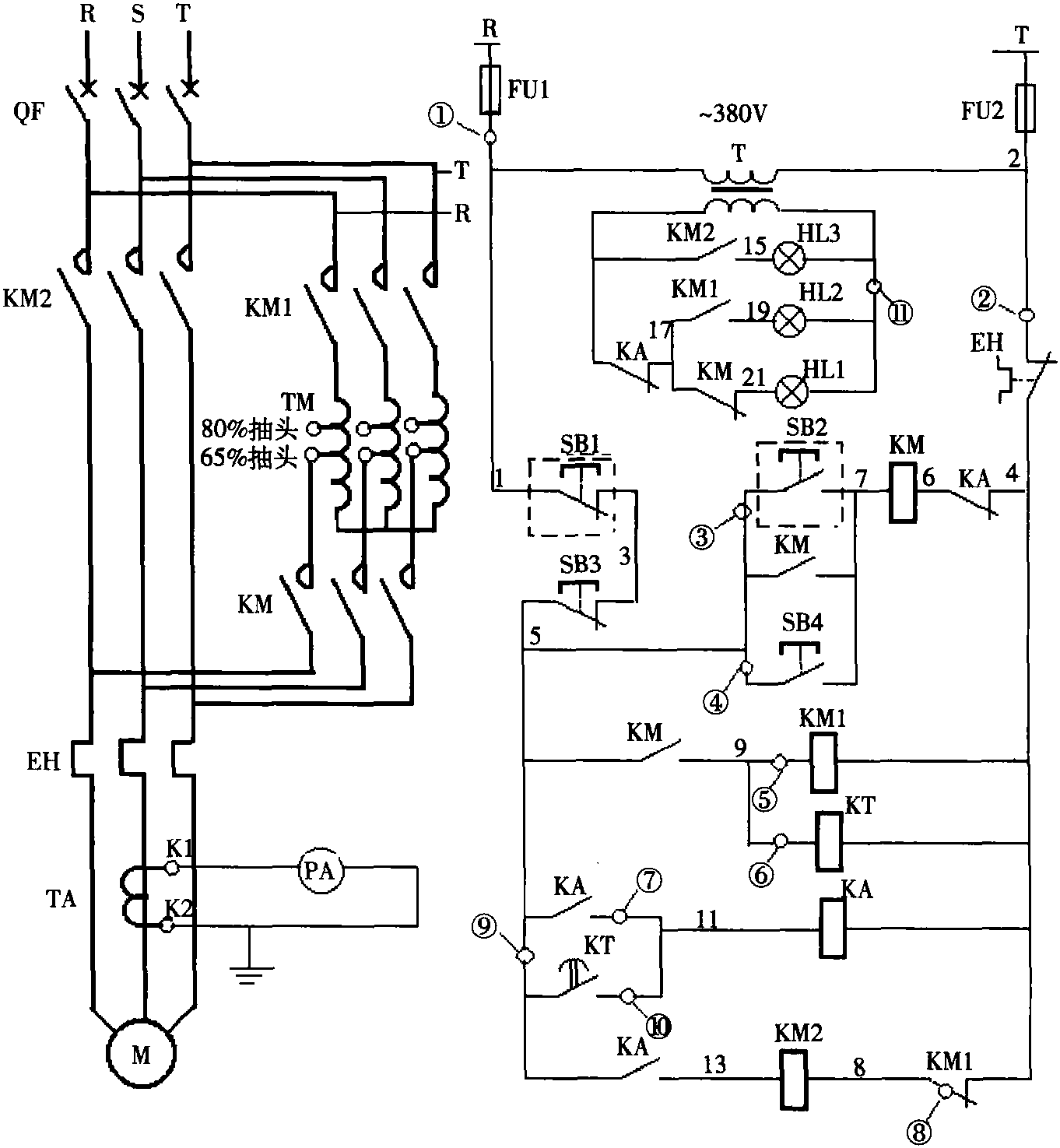 二、自動控制的自耦減壓啟動電動機兩處控制電路